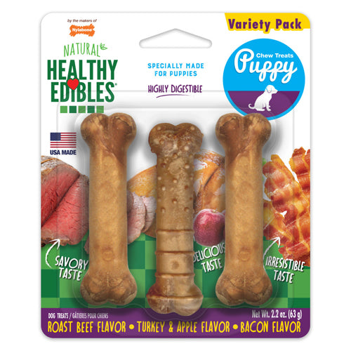 Nylabone Healthy Edibles Puppy Natural Long Lasting Dog Chew Treats Roast Beef, Turkey Apple, Bacon, 1ea/XS/Petite 3 ct