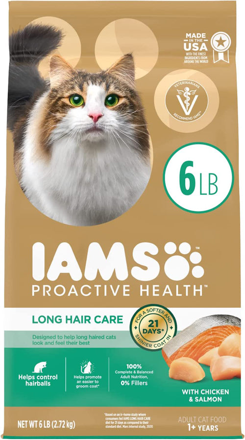 IAMS ProActive Health Adult Long Hair Dry Cat Food Chicken Salmon, 1ea/6 lb