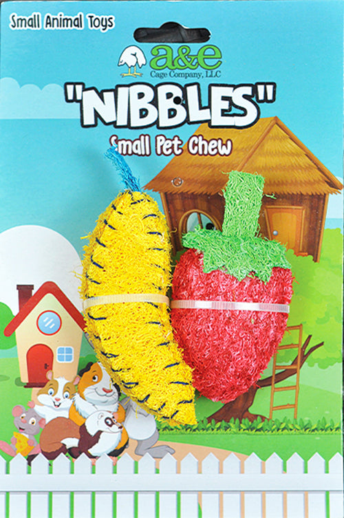 A E Cages Nibbles Small Animal Loofah Chew Toy Banana Strawberry, 1ea