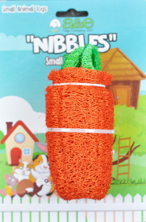 A E Cages Nibbles Small Animal Loofah Chew Toy Large Carrot, 1ea
