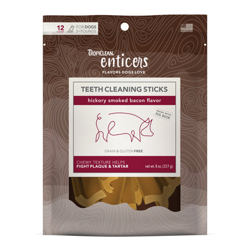 TropiClean Enticers Teeth Cleaning Sticks for Dogs Hickory Smoked Bacon, 1ea/12 ct
