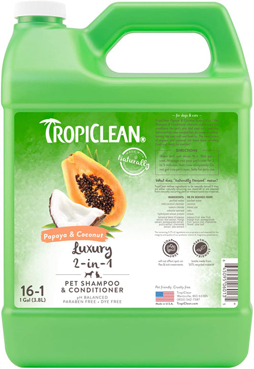 TropiClean Papaya & Coconut Luxury 2-in-1 Shampoo and Conditioner for Pets 1 gal