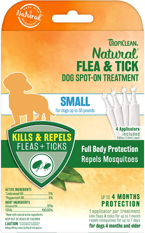 TropiClean Natural Flea Tick Spot On Treatment for Dogs 3 Applicator, 1ea/6Pc, SM
