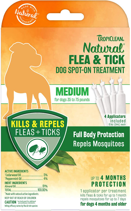 TropiClean Natural Flea & Tick Spot On Treatment for Dogs 0.4 fl. oz 4 Count
