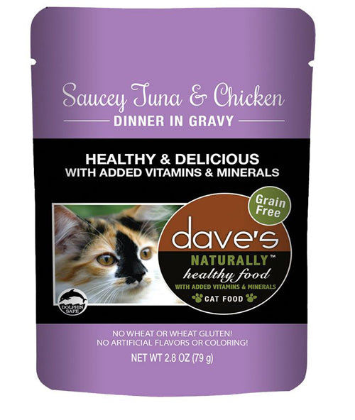 Dave's Pet Food Cat Naturally Healthy Pouch - Saucey Tuna & Chicken Dinner in Gravy 2.8oz. (Case of 24)