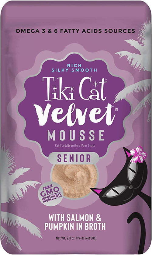 Tiki Pets Cat Velvet Senior Mousse with Salmon & Pumpkin in Broth 2.4oz. (Case Of 12)