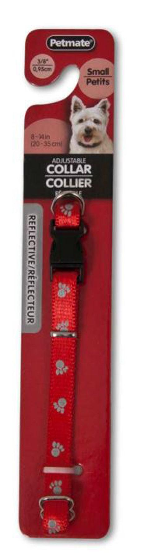 Aspen Reflective Paw Adjustable Dog Collar Red 3/8 in x 8-14 in Small