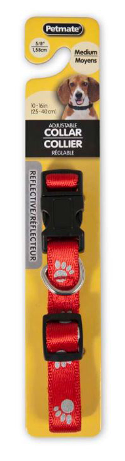Aspen Reflective Paw Adjustable Dog Collar Red 5/8 in x 10-16 in Medium