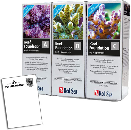 Red Sea Reef Foundation ABC Complete Liquid Supplement Reef Foundation A Calcium+: 8.5 fl. oz Reef Foundation B KH/Alkalinity: 8.5 fl. oz Reef Foundation C Magnesium: 8.5 fl. oz