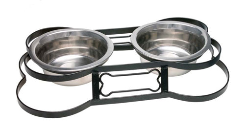 Loving Pets Sante Fe Bone-Shaped Elevated Double Diner Dog Bowls Silver 1 Pint