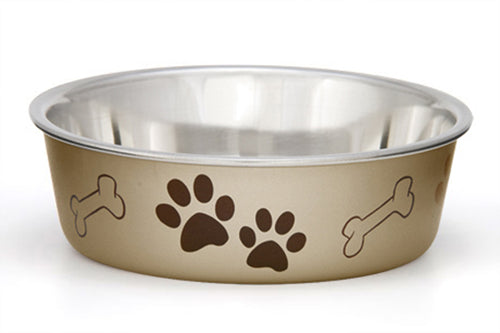 Loving Pets Metallic Dog Bowl Paw Print & Bone Champagne Medium