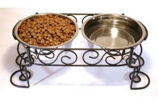 Spot Mediterranean Double Diner Dog Bowl Scroll Work Silver 2 Quarts