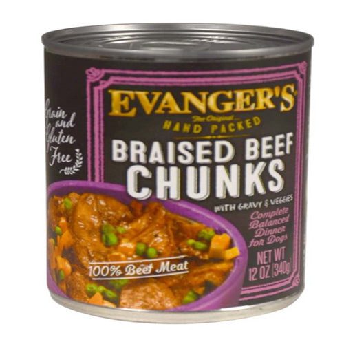 Evanger's Hand Packed Braised Beef Chunks with Gravy Canned Dog Food 12 oz 12 Pack