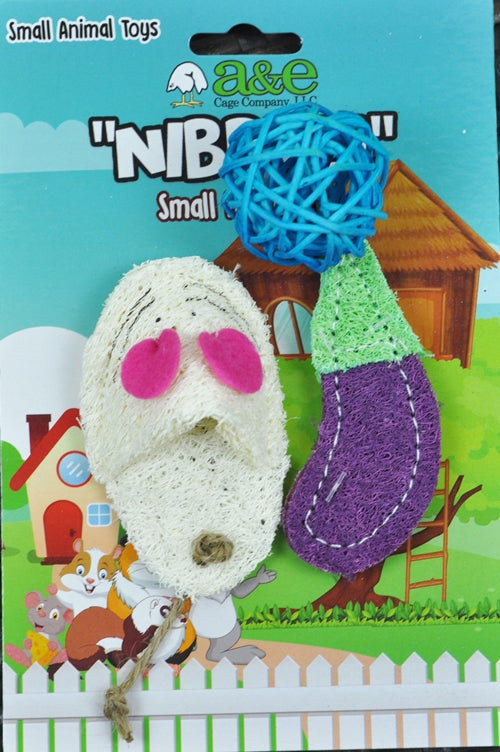 A  E Cages Nibbles Small Animal Loofah Chew Toy Eggplant/Ball/Mouse, 1ea