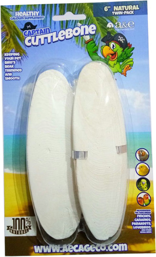 A & E Cages Captain Cuttlebone Natural Bird Treat 2pk 6in