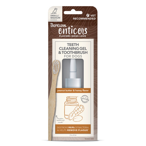 TropiClean Enticers Teeth Cleaning Gel  Toothbrush for Dogs Peanut Butter  Honey, 1ea/2 oz, SM/MD
