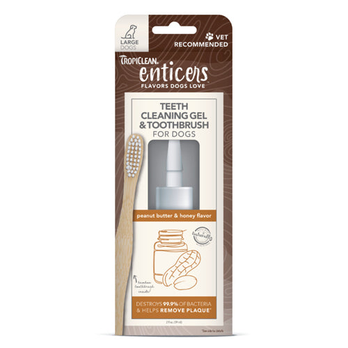 TropiClean Enticers Teeth Cleaning Gel  Toothbrush for Dogs Peanut Butter  Honey, 1ea/2 oz, LG