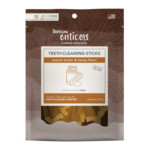 TropiClean Enticers Teeth Cleaning Sticks for Dogs Peanut Butter  Honey, 1ea/12 ct