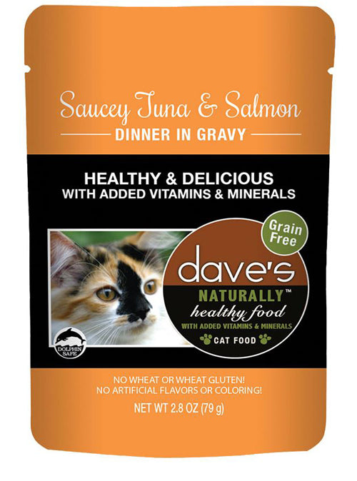 Dave's Pet Food Cat Naturally Healthy Pouch - Saucey Tuna & Salmon Dinner in Gravy 2.8oz. (Case of 24)