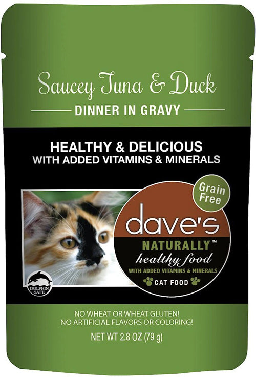 Dave's Pet Food Cat Naturally Healthy Pouch - Saucey Tuna & Duck Dinner in Gravy 2.8oz. (Case of 24)