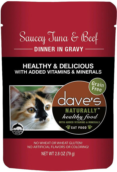 Dave's Pet Food Cat Naturally Healthy Pouch - Saucey Tuna & Beef Dinner in Gravy 2.8oz. (Case of 24)