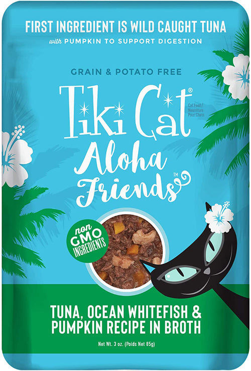 Tiki Pets Cat Aloha Friends Tuna, Ocean Whitefish & Pumpkin 3oz. Pouch (Case Of 12)