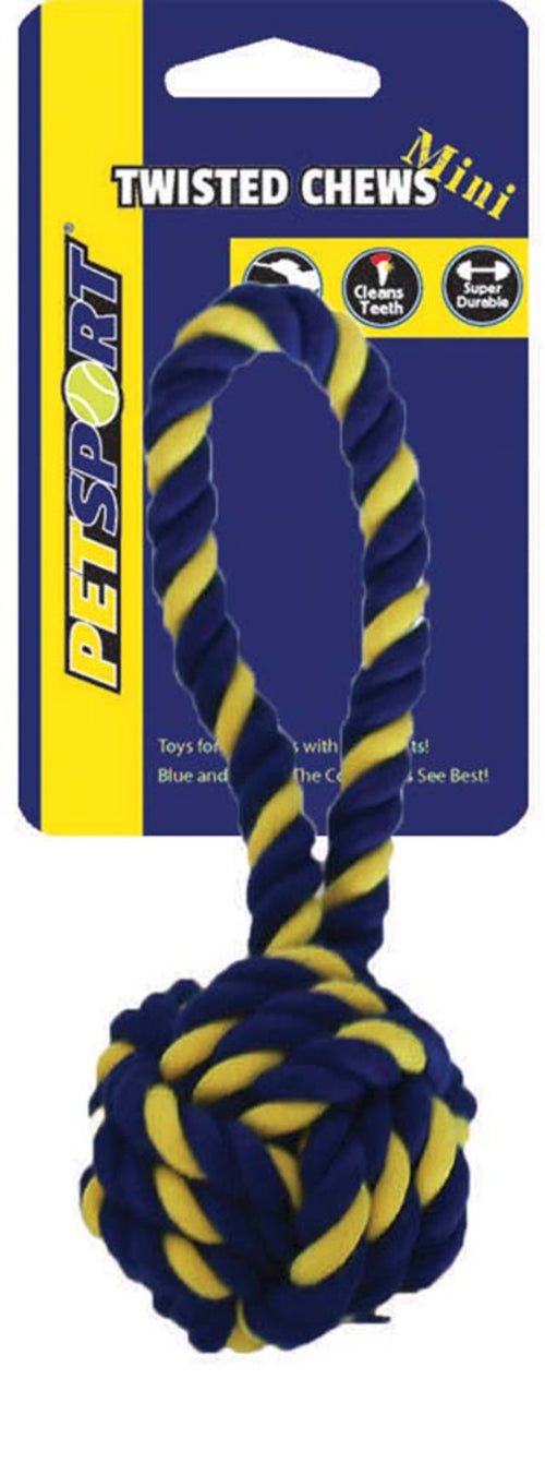 Petsport USA Twisted Chew Monkey Fist Dog Toy Monkey Fist with Handle Blue, Yellow 7 in Mini