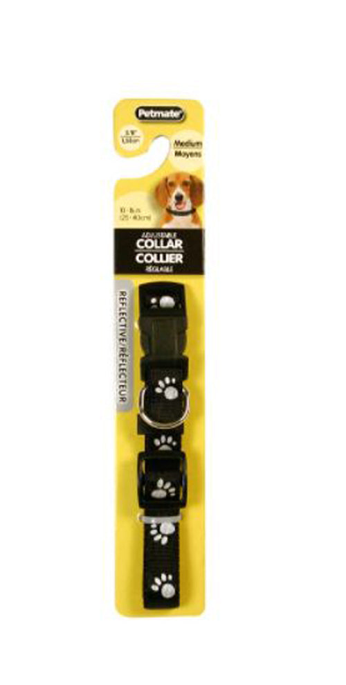 Aspen Reflective Paw Adjustable Dog Collar Black 5/8 in x 10-16 in Medium