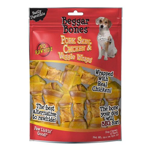 Savory Prime Beggar Bones Pork Skin, Chicken & Veggie Wraps Dog Treats 13.1 oz 8 Pack