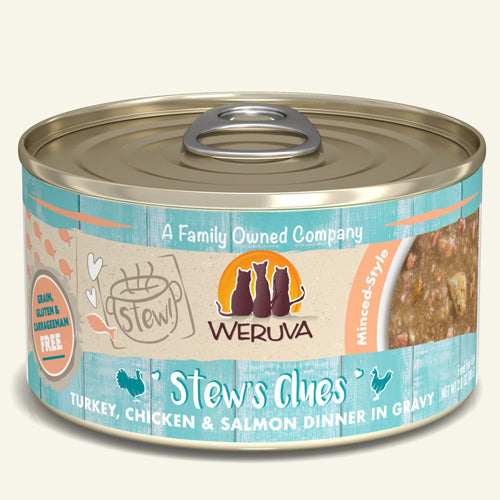 Weruva Cat Stew's Clues Turkey, Chicken & Salmon Dinner in Gravy 2.8oz (Case Of 12)