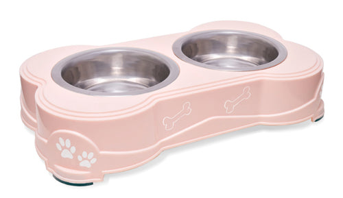 Loving Pets Double Diner Dog Bowl Paw Print & Bone Paparazzi Pink Small
