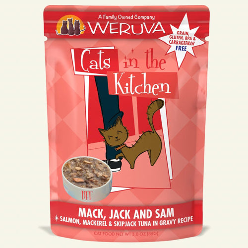 Cats In The Kitchen Mack, Jack & Sam Salmon, Mackerel & Skipjack Tuna in Gravy 3oz. Pouch (Case Of 12)